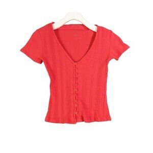 BY ANTHROPOLOGIE Button Up Womens SZ S Orange V-neck Ribbed Short Sleeve Stretch